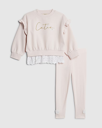 Mini Girls Pink Broderie Hem Sweatshirt Set