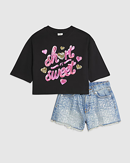 Girls Denim Diamante Shorts Set
