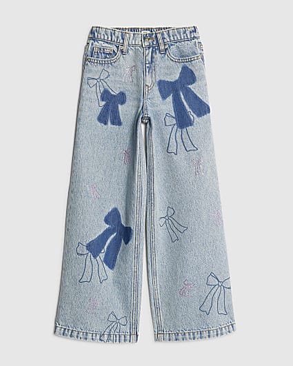 Girls Blue Bow Patchwork Wide Leg Jeans