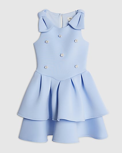 Girls Blue Pearl Embellished Scuba Dress