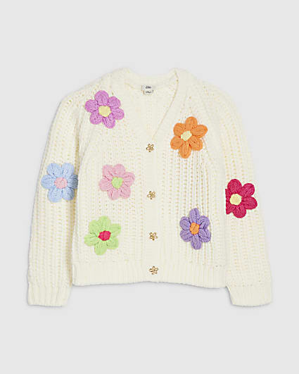 Girls Cream Knitted Flower Cardigan