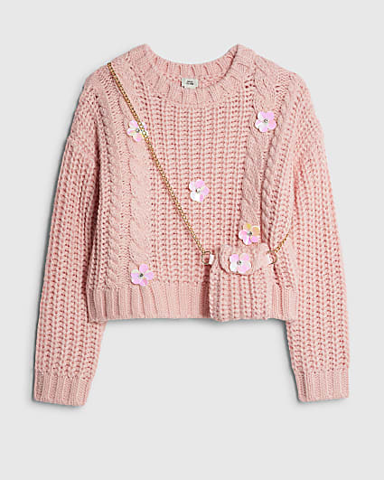 Girls Pink Knitted Flower Jumper With Bag