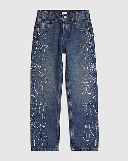 Girls Blue Hotfix Sided Straight Jeans