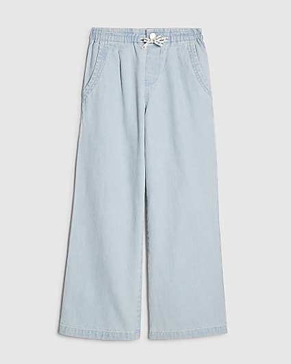 Girls Blue Wide Leg Bow Jeans