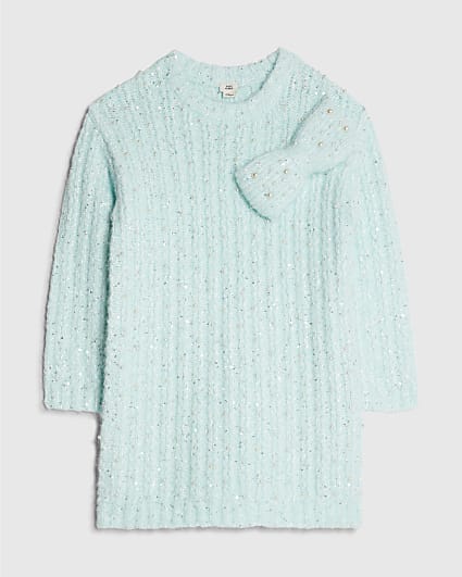 Girls Blue Pearl Bow Jumper Dress
