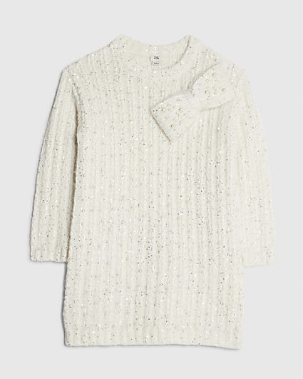 Girls Cream Pearl Bow Jumper Dress