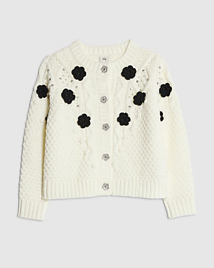 Girls Cream Embellished Flower Cardigan