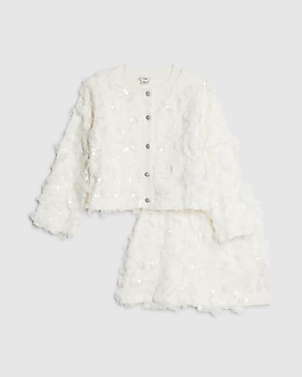 Girls White 3D Floral Skirt Set