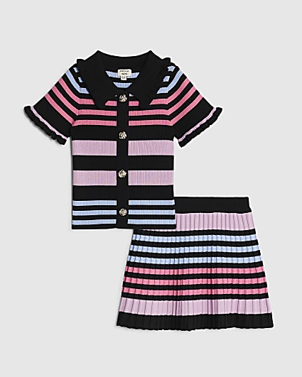 Mini Girls Black Stripe Polo Shirt Set