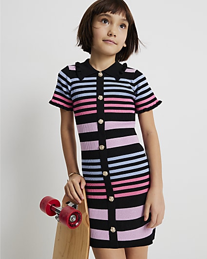 Girls Black Stripe Polo Dress