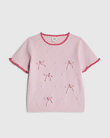 Girls Pink Rose Bow Diamante Top