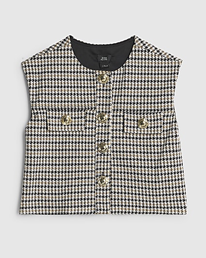 Girls Beige Check Button Top