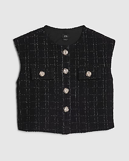 Girls Black Boucle Button Up Top