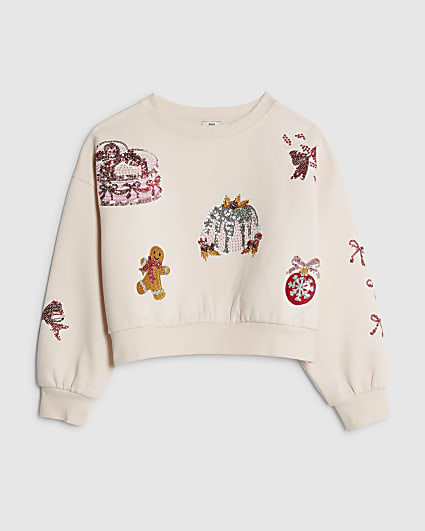 Girls Pink Embellished Christmas Sweatshirt