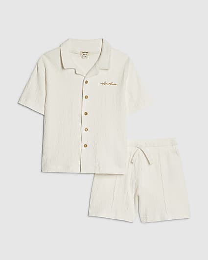 Mini Boys White Textured Shirt Set