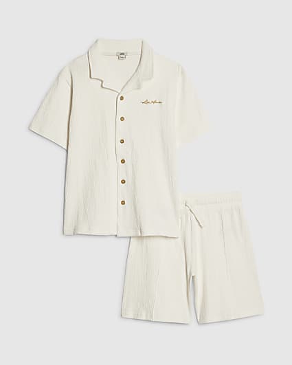 Boys White Textured Shirt Set