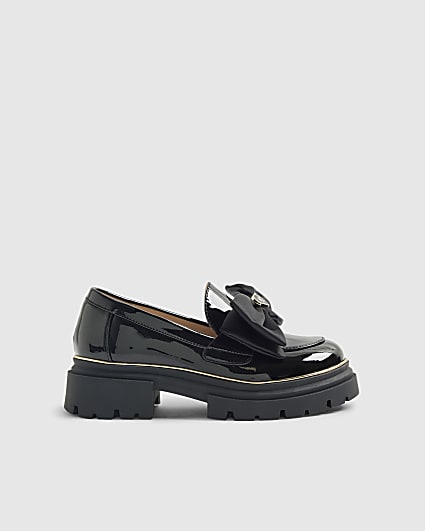 Girls Black Patent Bow Chunky Loafers