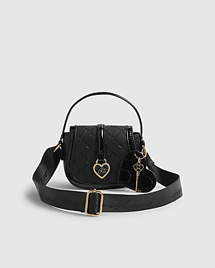 Girls Black Heart Monogram Cross Body Bag