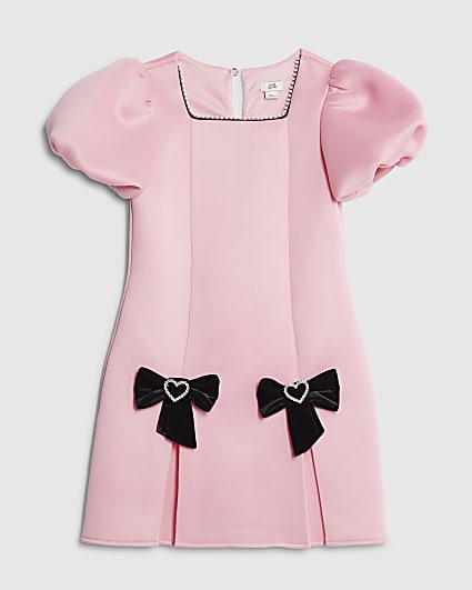 Girls Pink Bow Hem Puff Sleeve Dress