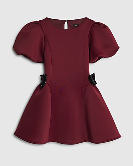 Girls Red Bow Puff Sleeve Dress