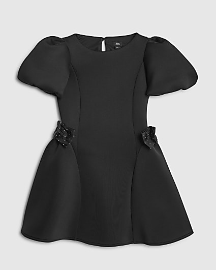 Girls Black Puff Sleeve Bow Scuba Dress