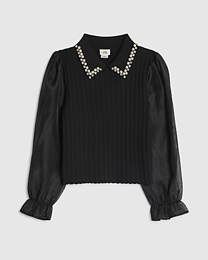 Girls Black Embellished Collar Hybrid Top