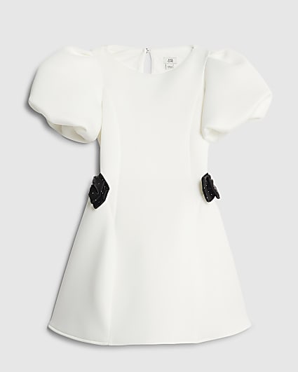 Girls White Puff Sleeve Bow Scuba Dress