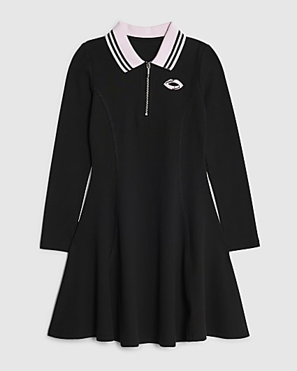 Girls Black Ribbed Zipped Polo Dress