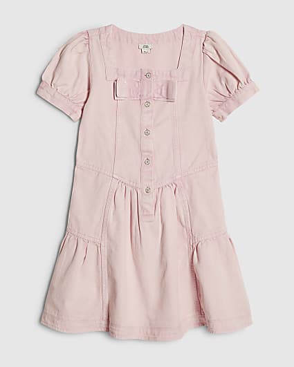 Girls Pink Square Neck Twill Bow Dress
