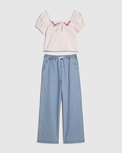 Girls Pink Collared Top And Jeans Set
