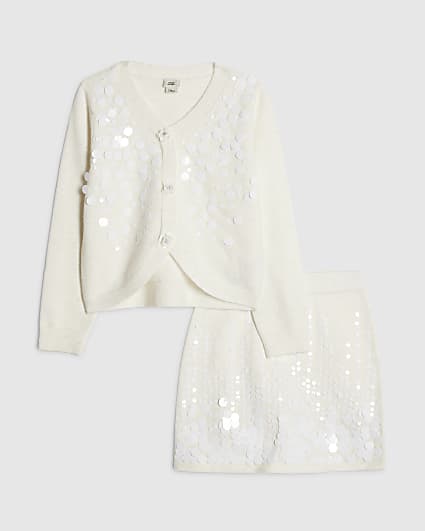 Girls Cream Sequin Cardigan And Skirt Set