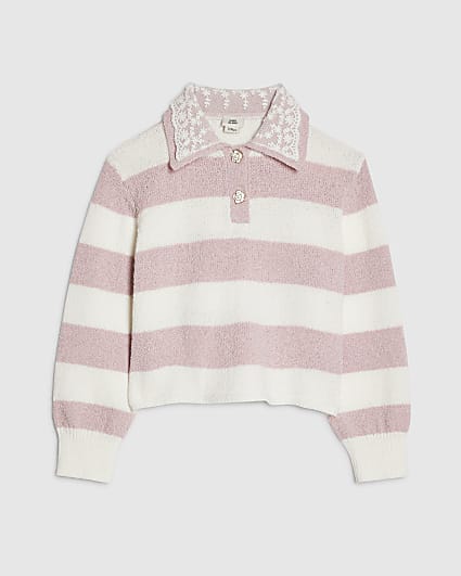 Girls Cream Lace Collar Stripe Jumper