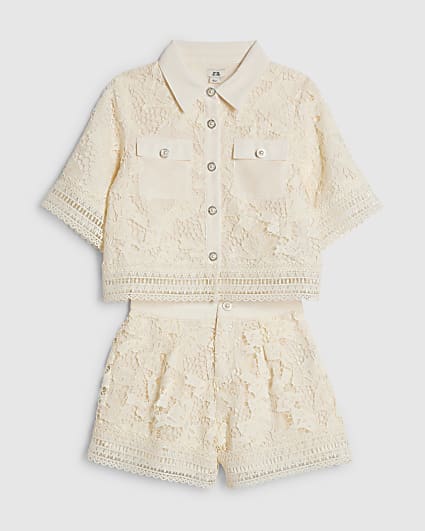Girls Cream Lace Blouse And Shorts Set