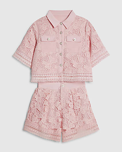 Girls Pink Lace Blouse And Shorts Set