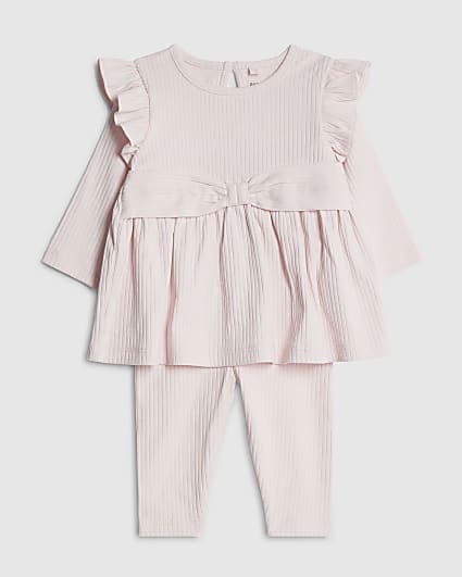 Baby Girls Cream Ribbed Bow Top Set