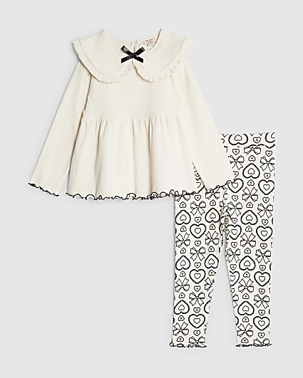 Mini Girls Cream Rib Collar Top Set