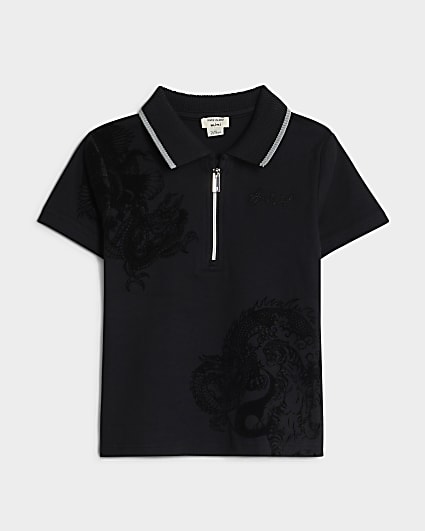 Mini Boys Black Dragon And Lion Polo Shirt