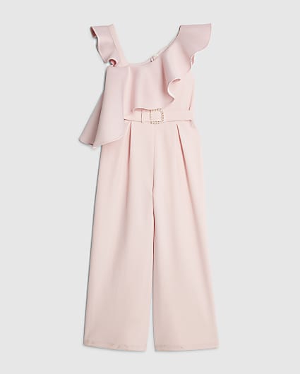Girls Pink Asymmetric Frill Jumpsuit