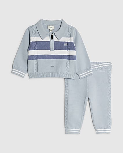 Baby Boys Blue Knitted Stripe Polo Shirt Set