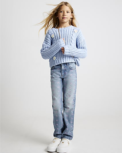 Girls Blue Bow Embellished Straight Jeans
