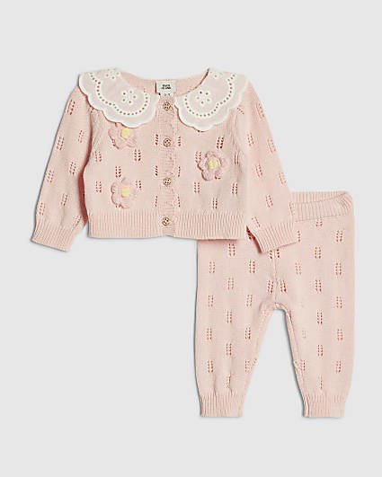 Baby Girls Pink Broderie Daisy Knit Top Set