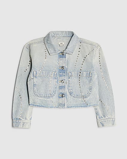 Girls Blue Embellished Denim Jacket