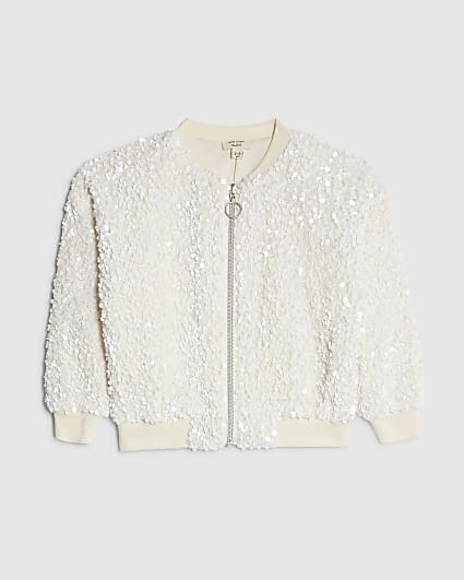 Mini Girls White Sequin Bomber Jacket