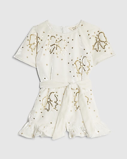 Mini Girls Cream Velvet Sequin Bow Playsuit
