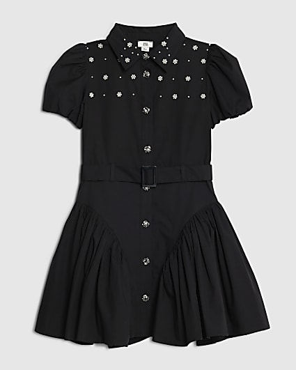 Girls Black Embellished Shirt Dress