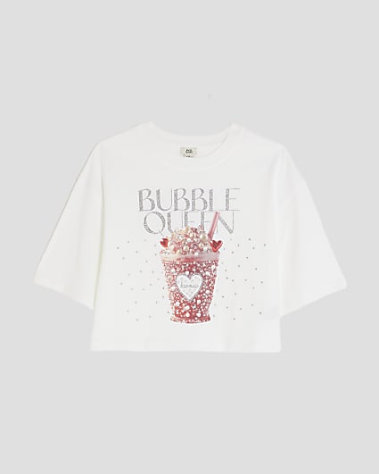 Girls White Bubble Queen Cropped T-Shirt