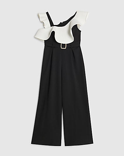 Girls Black Asymmetric Frill Jumpsuit