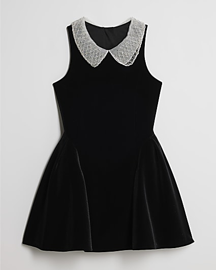 Girls Black Velvet Collar Dress