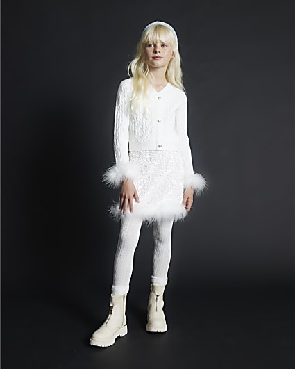 Girls White Sequin Feather Skirt Set