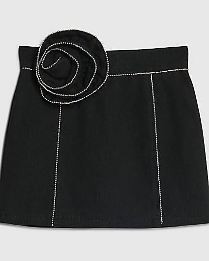 Girls Black Denim Corsage Diamante Skirt